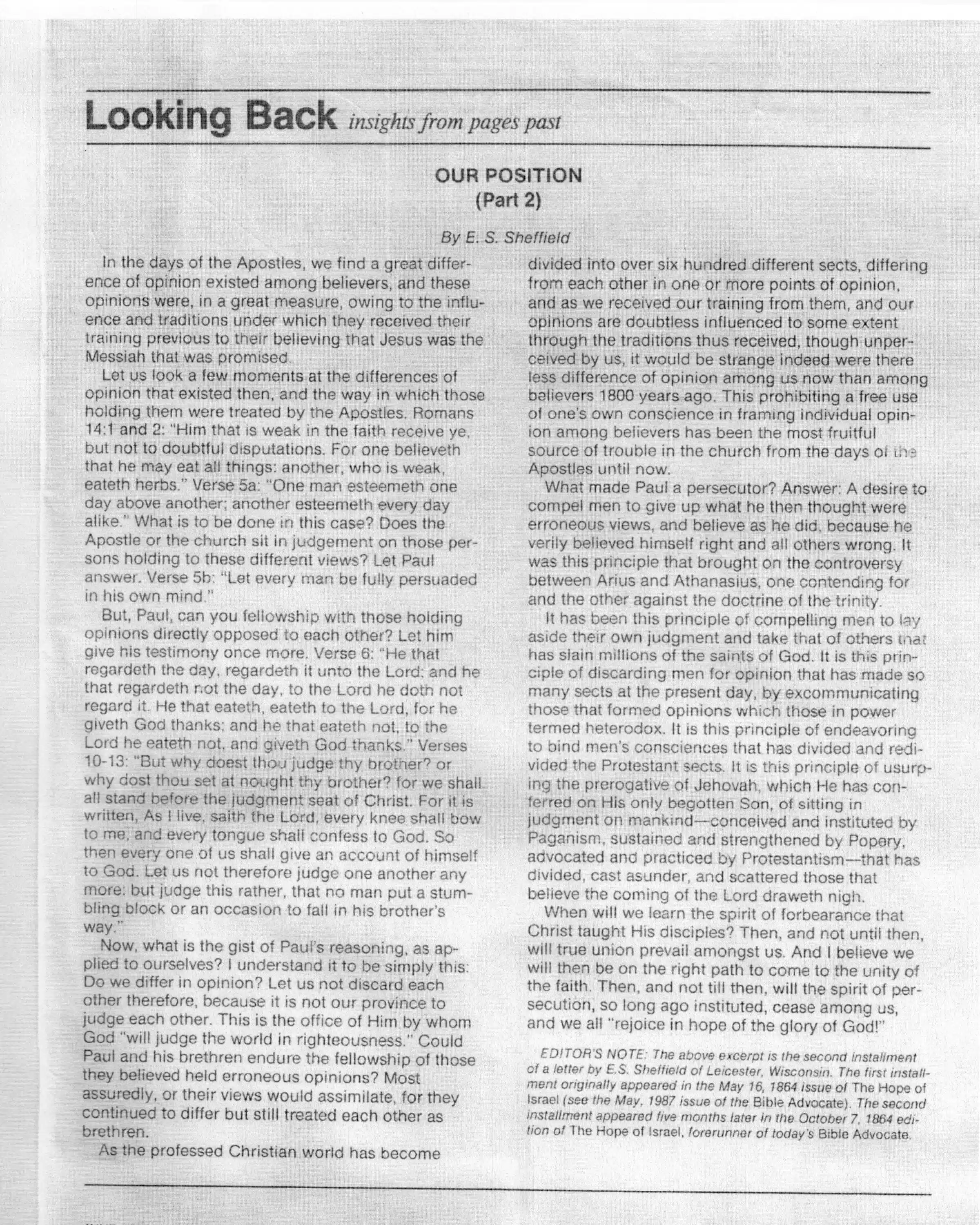 Our Position, by ES Sheffield 7 Oct 1864, Hope of Israel